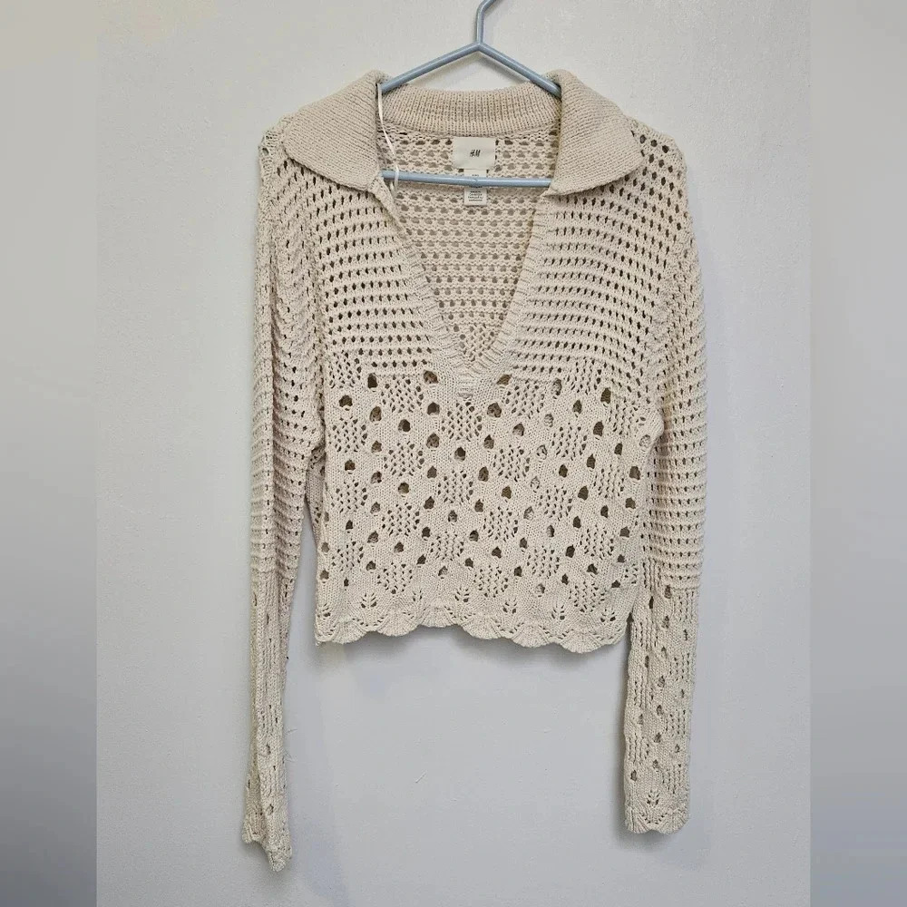 Y2k H&M Crochet knit 100% Algodon Cotton Ivory Oversized Collard boho sz S